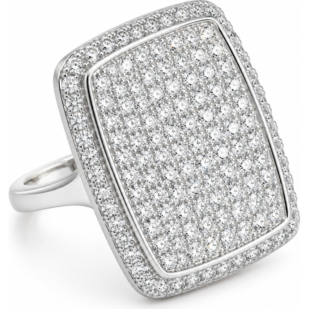 18K White Gold Rectangular Fashion Ring with Pavé Set Round Diamonds and Milgrain Border - 3.71 Carat Total Diamond Weight by Auriventus