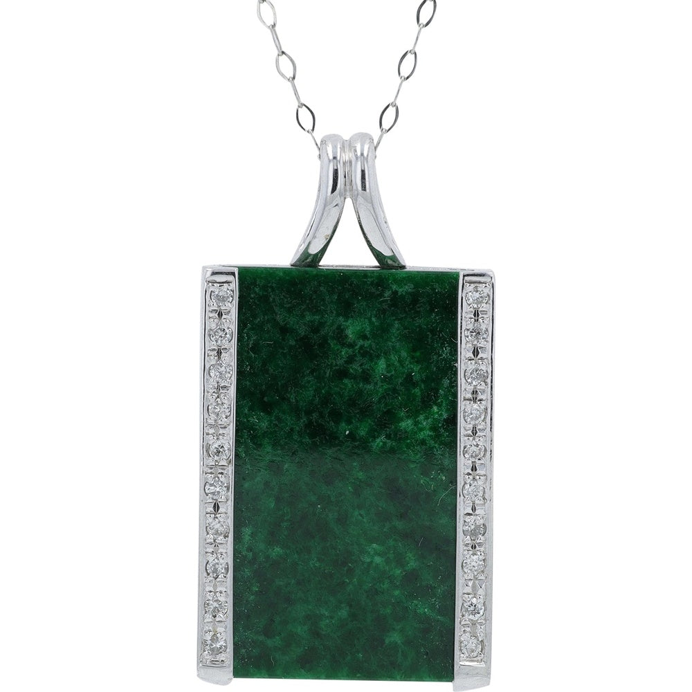18K White Gold Rectangular Pendant with 12.44 Carat Green Jade and 0.18 Carat Round Diamond Accents on an 18-Inch Chain