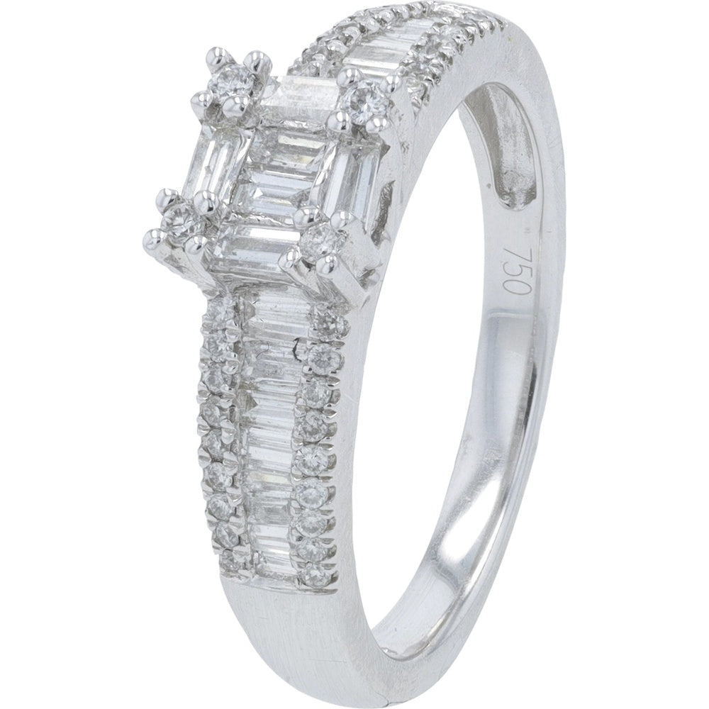 18K White Gold Ring with Baguette and Round Diamonds - 0.66 Carat Total Diamond Weight