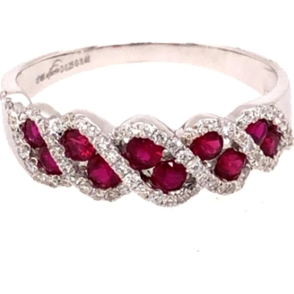 18K White Gold Ring with Oval Rubies and Diamond Halo Twist Design by Afarin