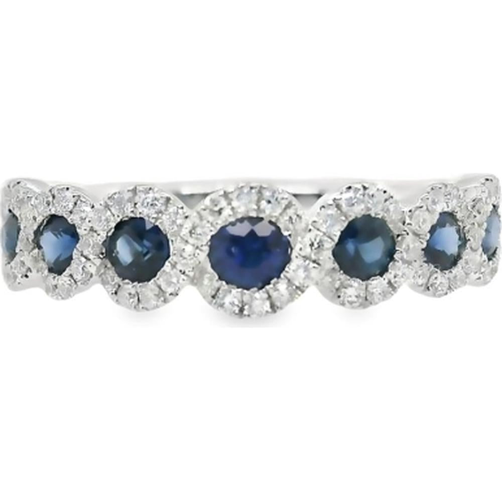 18K White Gold Ring with Round Blue Sapphires and Diamond Halo Design by Afarin
