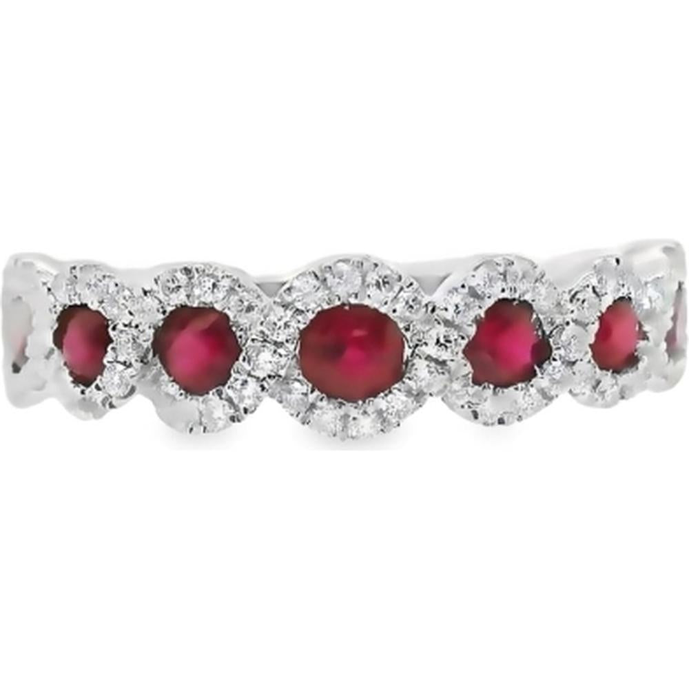 18K White Gold Ring with Round Rubies and Diamond Halo Accents by Afarin