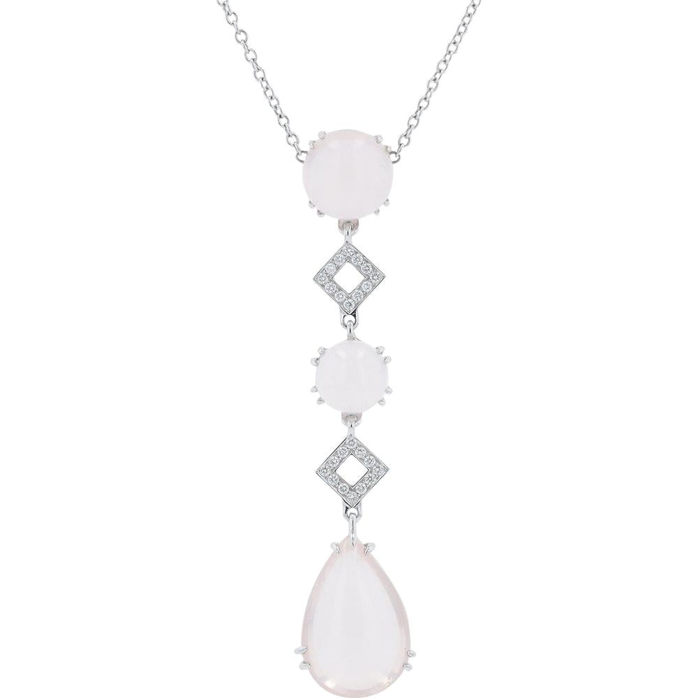 18K White Gold Rose Quartz Pendant Necklace with 0.18 Carat Diamond Accents - 17" Chain