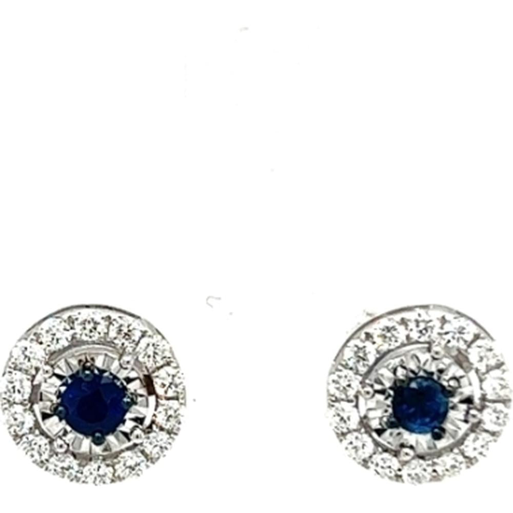 18K White Gold Round Blue Sapphire and Diamond Halo Stud Earrings by Afarin