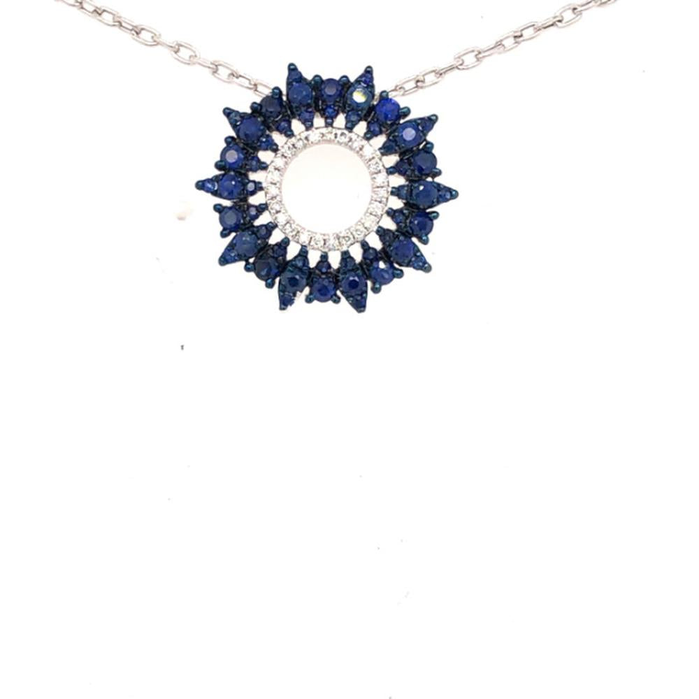 18K White Gold Round Blue Sapphire and Diamond Sunburst Pendant Necklace by Afarin