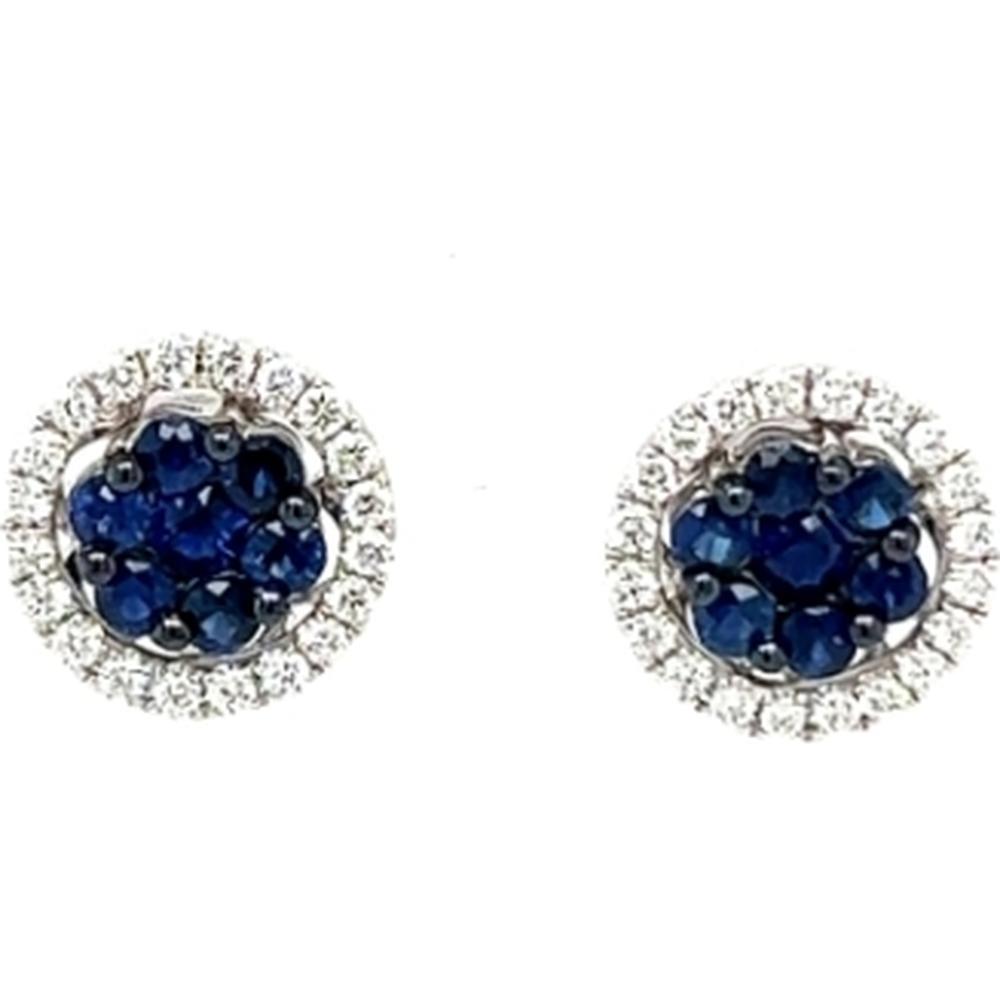 18K White Gold Round Blue Sapphire Cluster Halo Stud Earrings with Diamonds by Afarin
