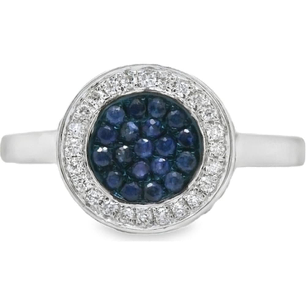 18K White Gold Round Blue Sapphire Cluster Ring with Diamond Halo by Afarin