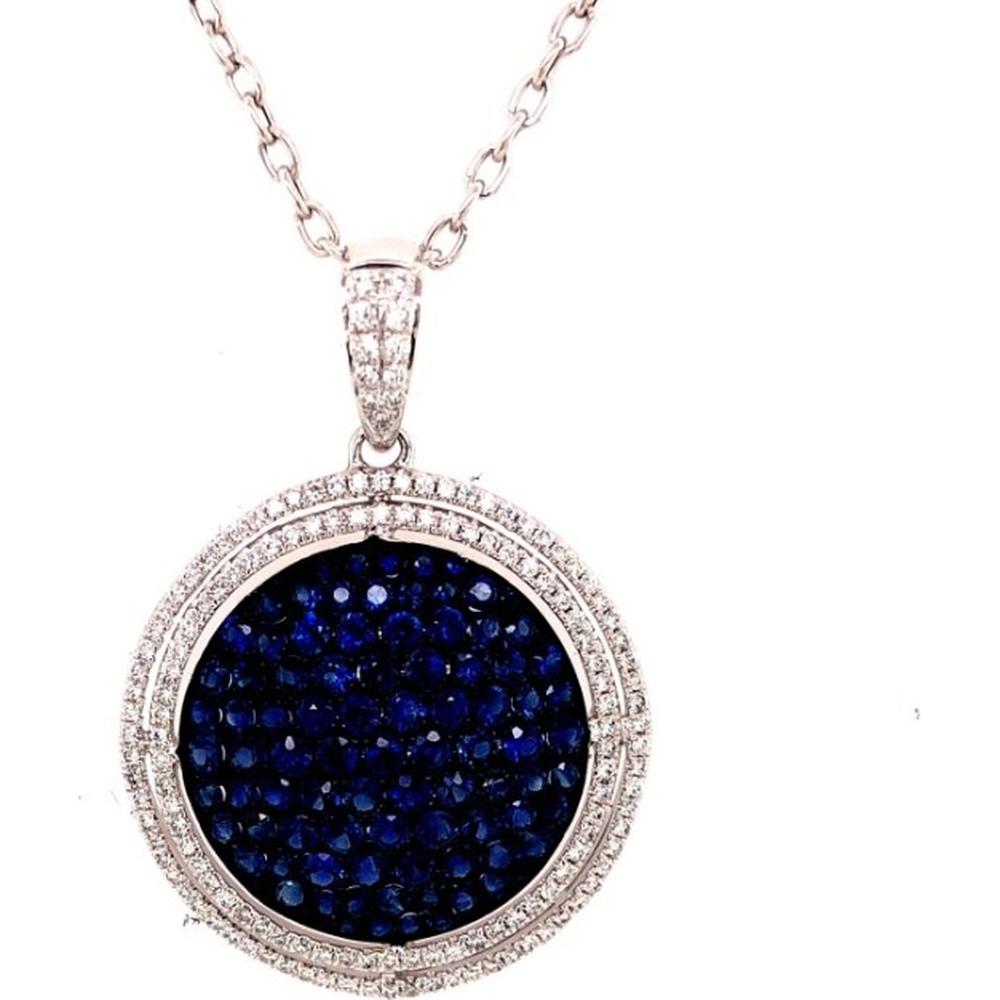 18K White Gold Round Blue Sapphire Pendant with Double Diamond Halo and Diamond Bail by Afarin