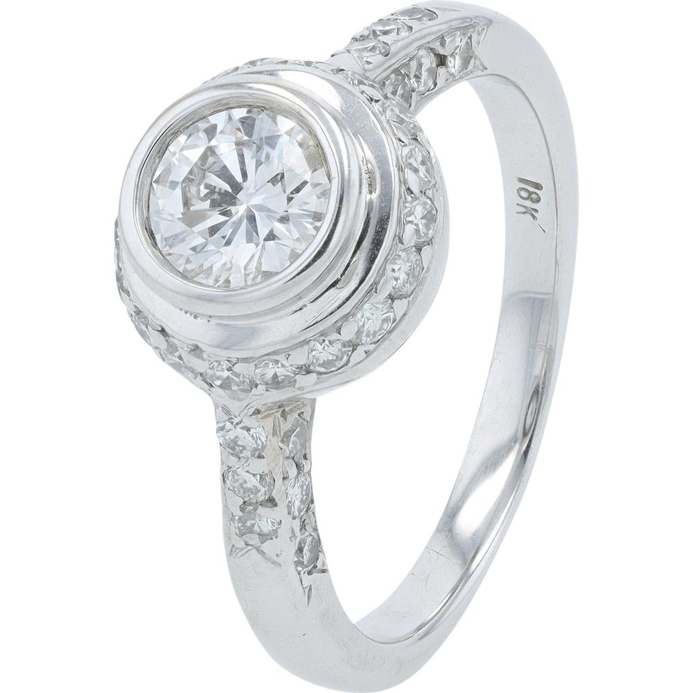 18K White Gold Round Brilliant Cut Diamond Engagement Ring with Accent Diamonds - 1.25 Carat Total Diamond Weight