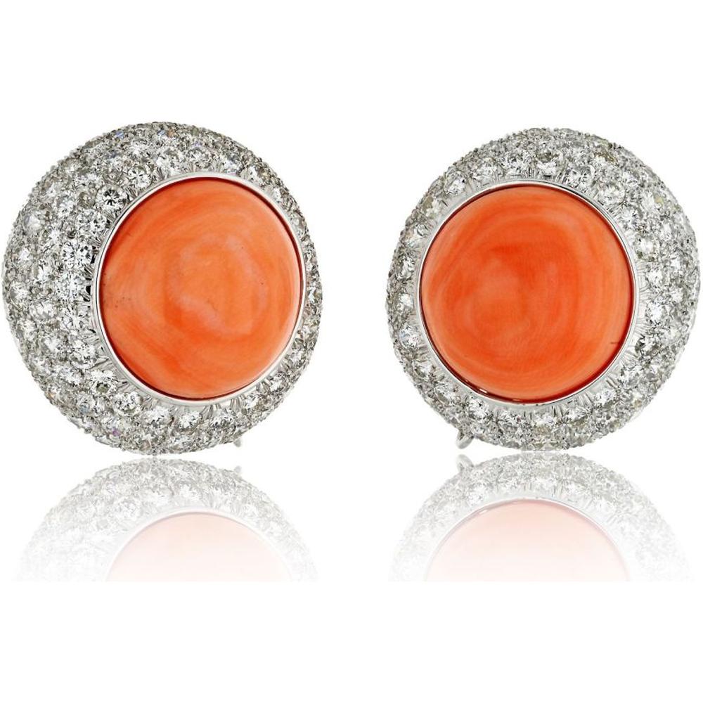 David Webb 18K White Gold Round Button Coral and Diamond Clip Earrings - 12.50 Total Carat Weight Diamonds