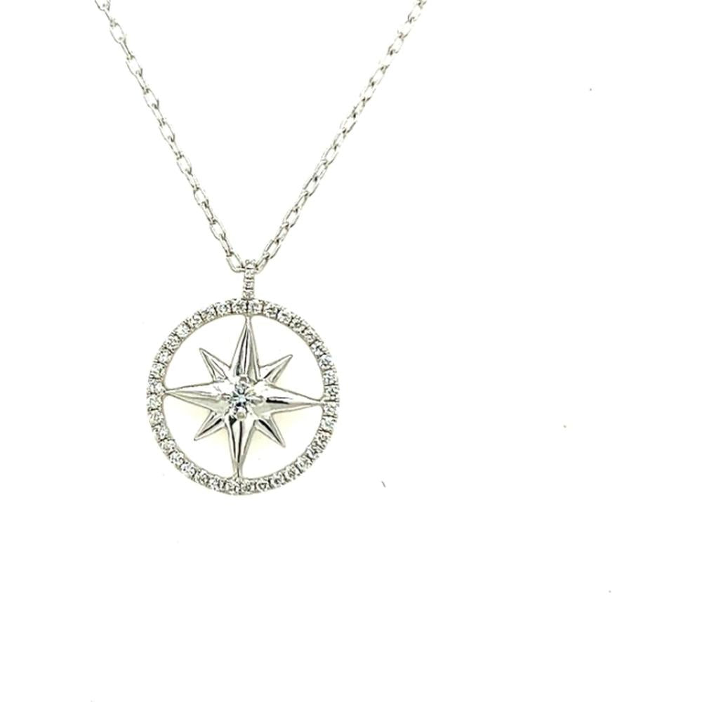 18K White Gold Round Diamond Compass Star Pendant Necklace by Afarin