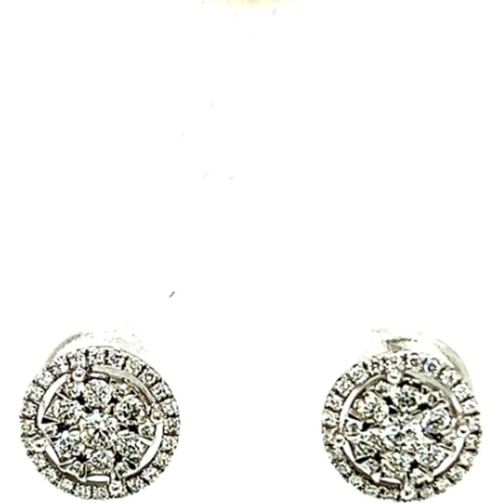 18K White Gold Round Diamond Stud Earrings with Cluster Center and Diamond Halo Design by Afarin