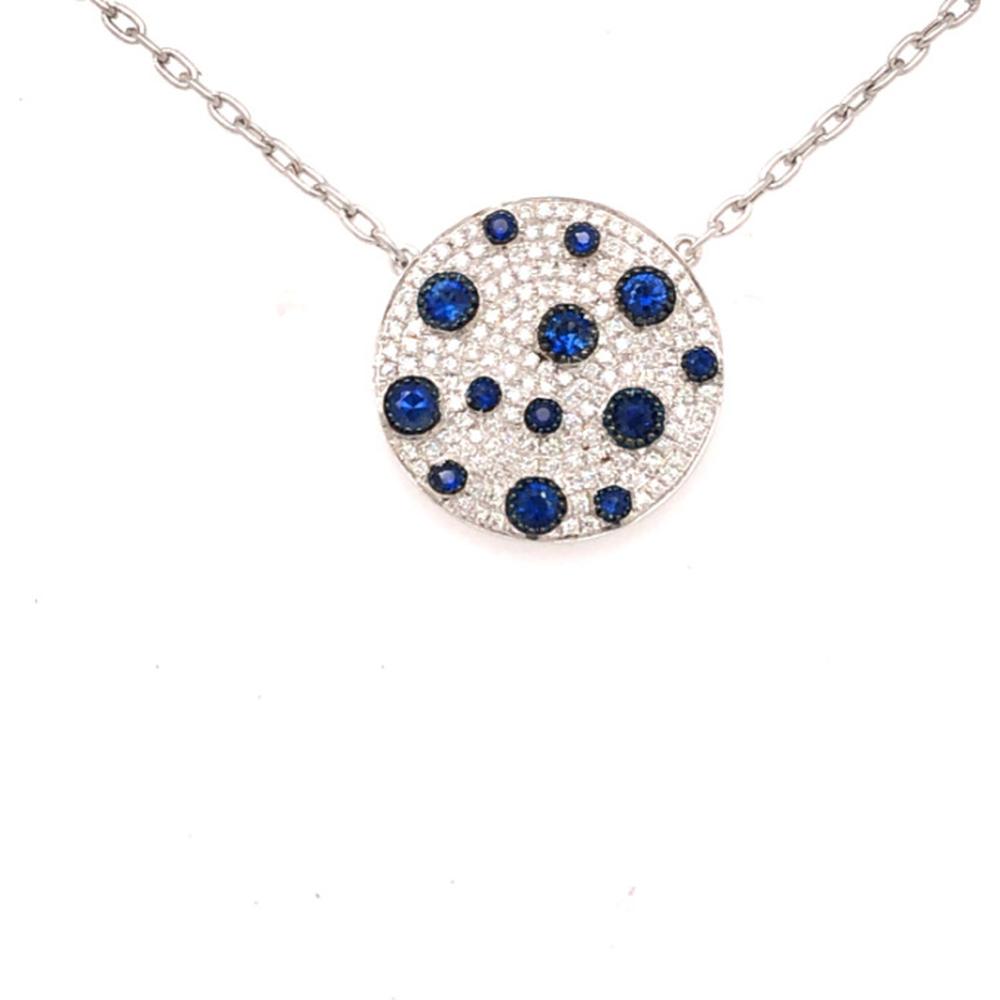 18K White Gold Round Pendant Necklace with Pavé Diamonds and Blue Sapphires by Afarin