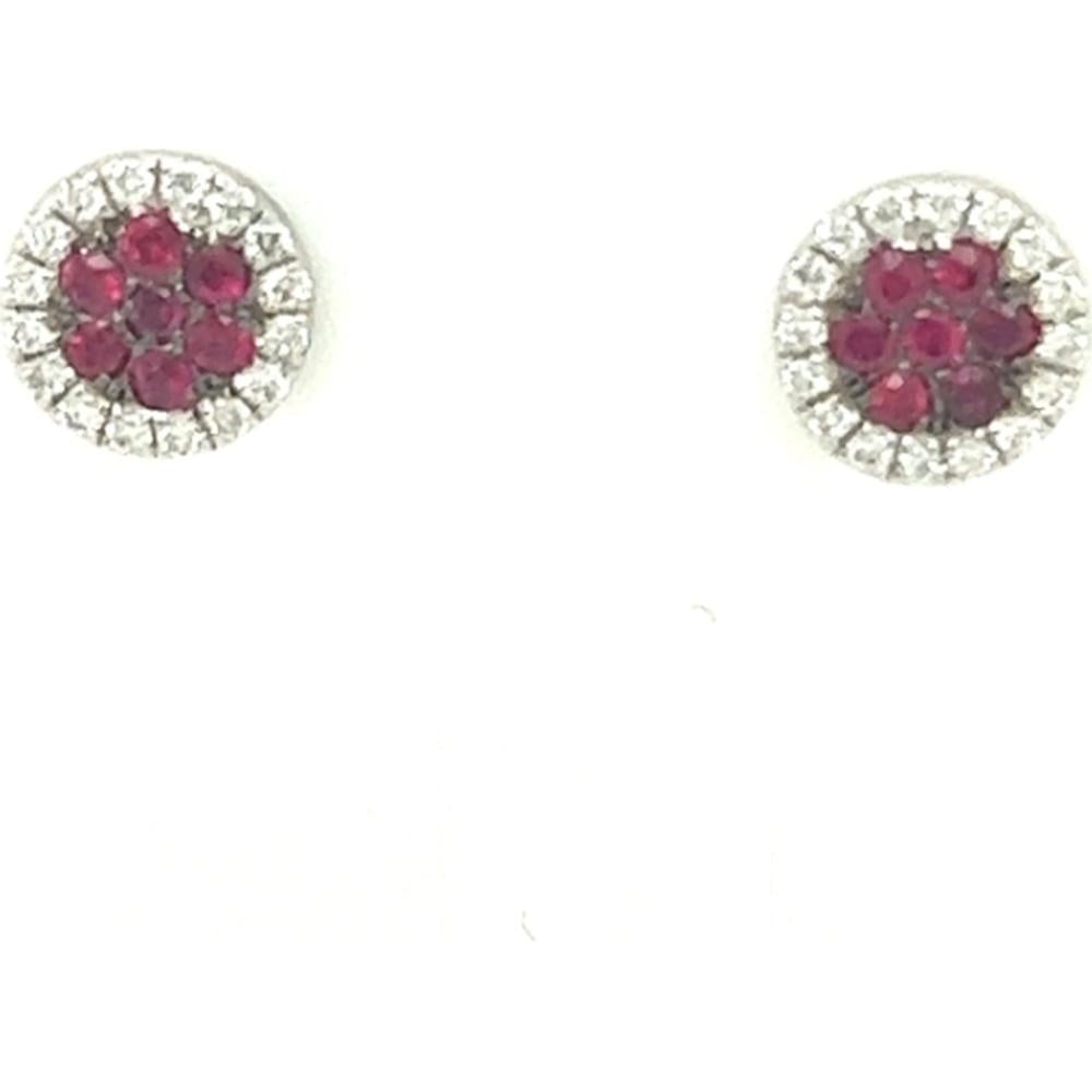 18K White Gold Round Ruby Cluster Stud Earrings with Diamond Halo by Afarin
