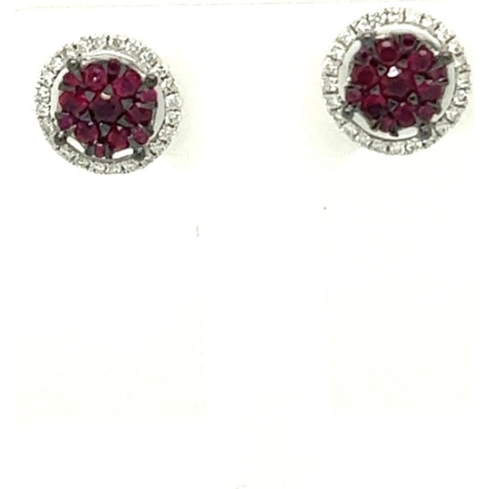 18K White Gold Round Ruby Cluster Stud Earrings with Diamond Halo by Afarin