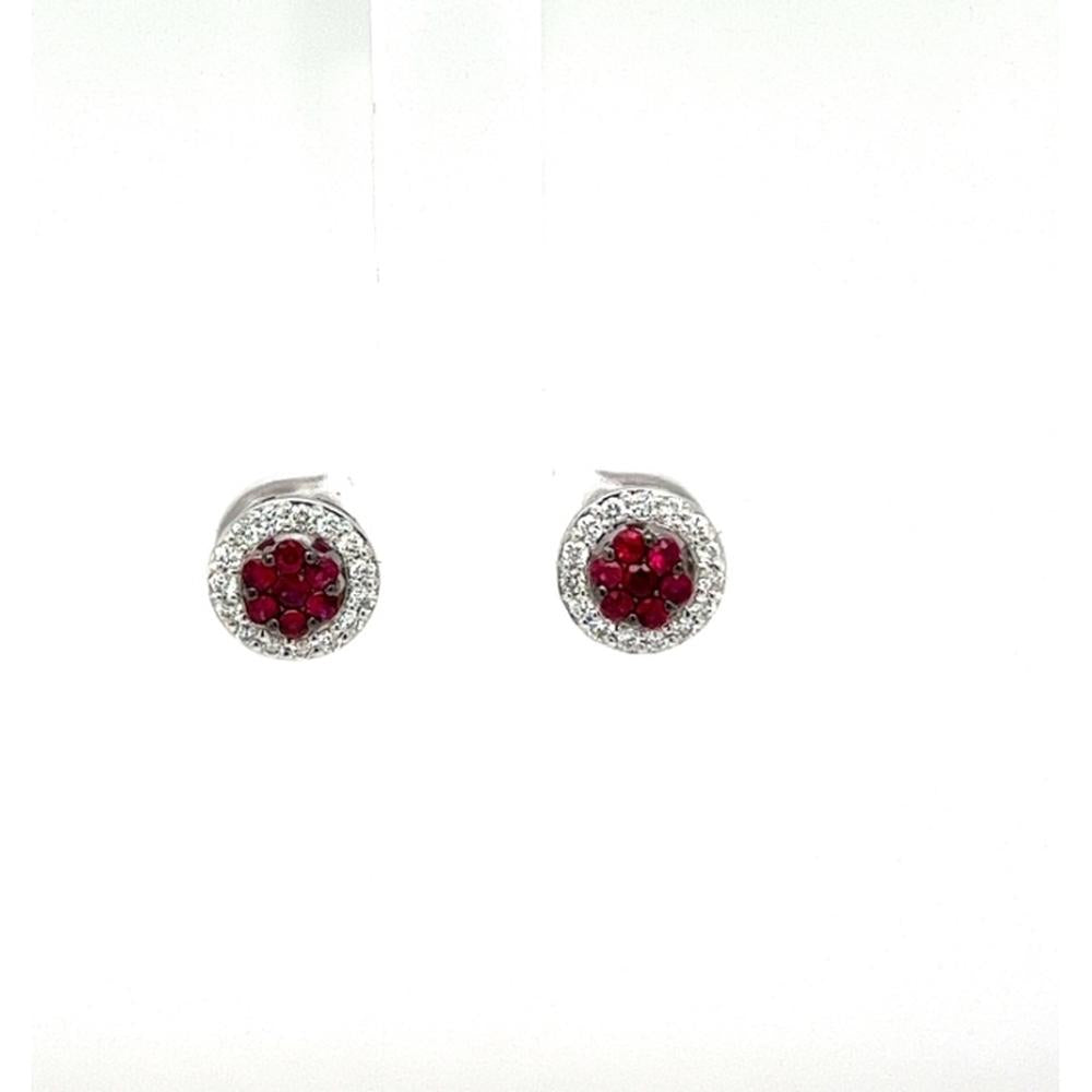 18K White Gold Round Ruby Cluster Stud Earrings with Diamond Halo by Afarin