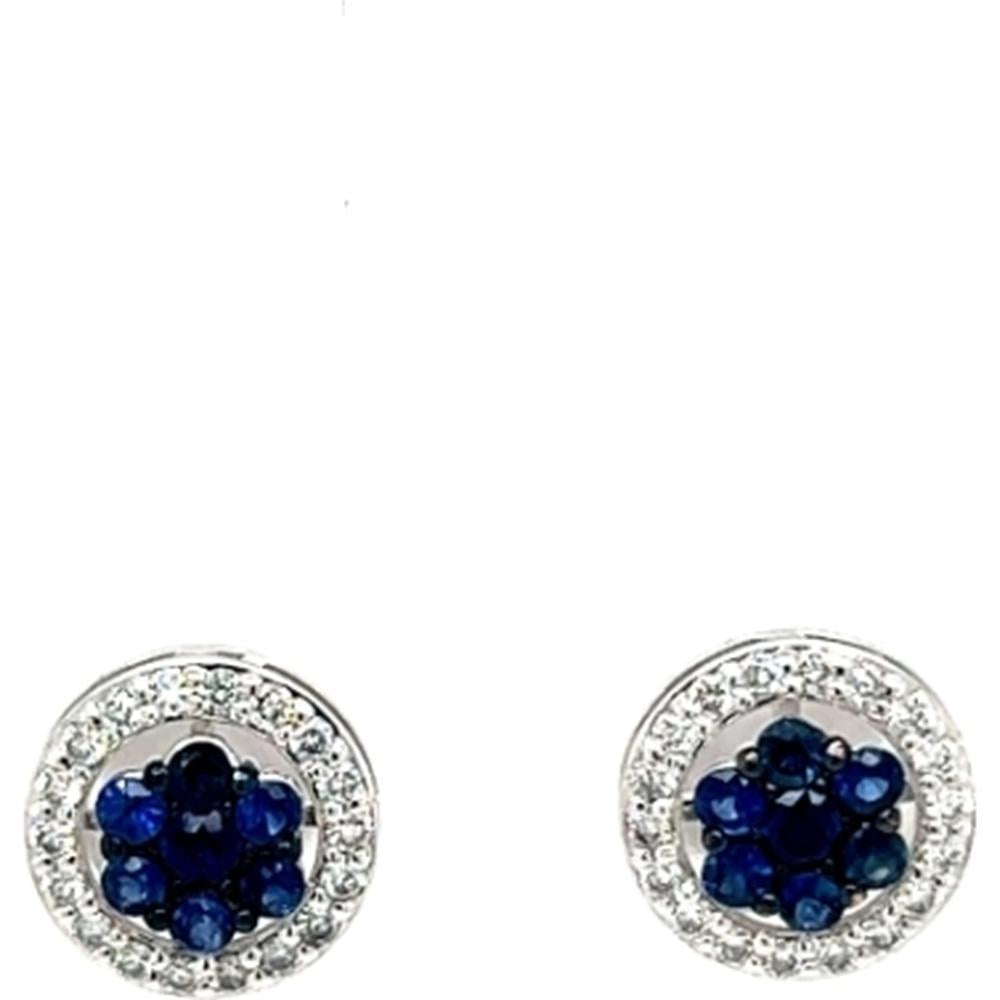18K White Gold Round Sapphire Cluster Halo Stud Earrings with Diamonds by Afarin