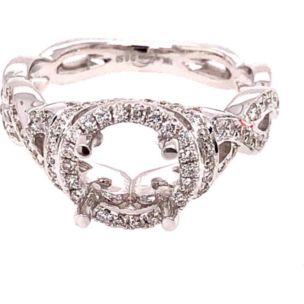 18K White Gold Round Semi-Mount Ring with Diamond Halo and Openwork Diamond Shoulders by Afarin
