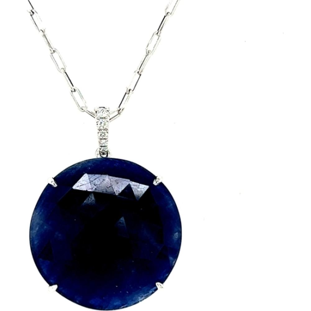 18K White Gold Round Sliced Sapphire Pendant with Diamond Accented Bail by Afarin