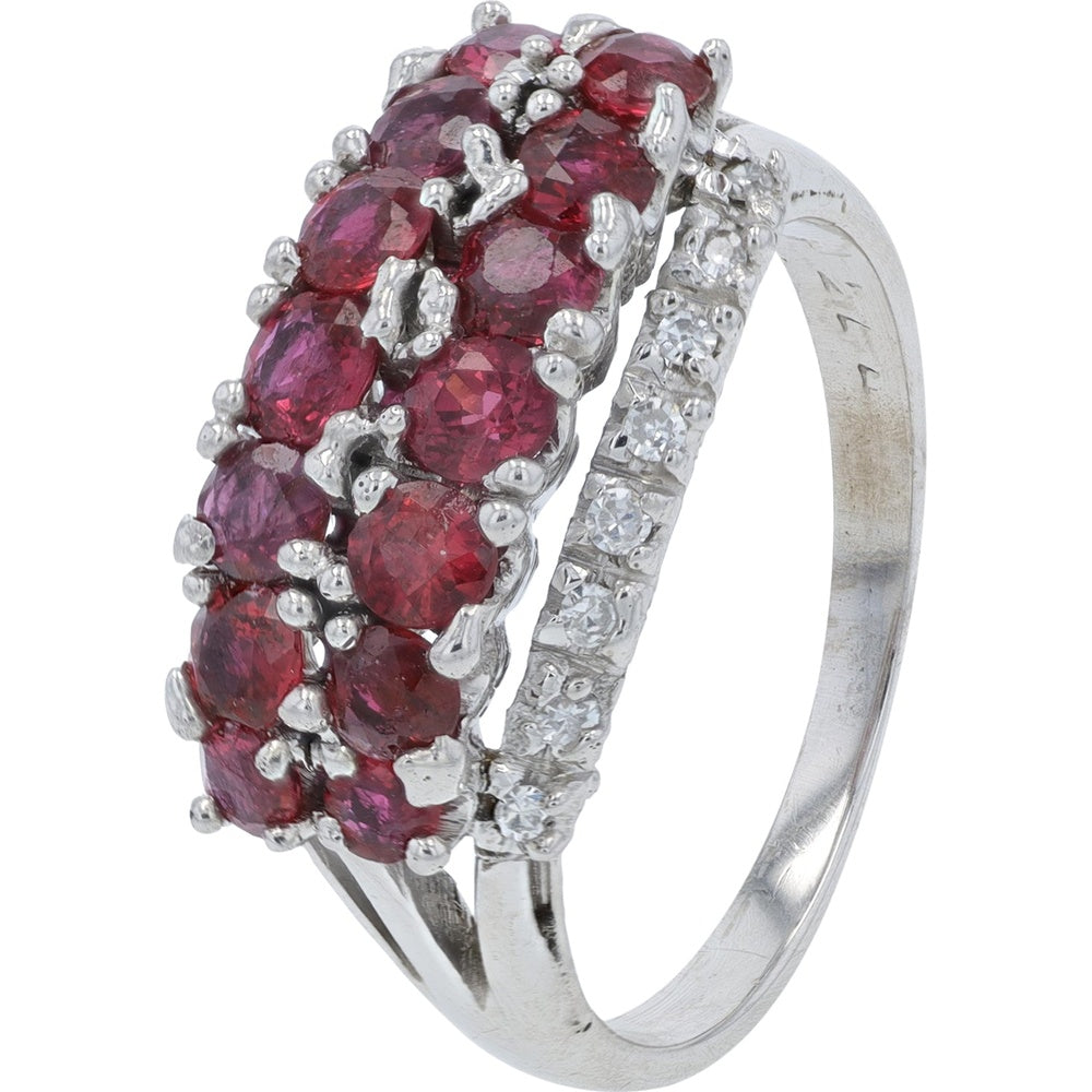 18K White Gold Ruby and Diamond Cluster Ring with Split-Shank Design - 0.20 Carat Total Diamond Weight