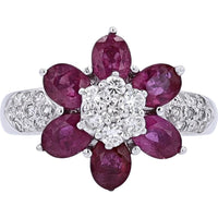 18K White Gold Ruby & Diamond Flower Ring - 1.46 Carat Total Ruby, 0.40 Carat Total Diamond