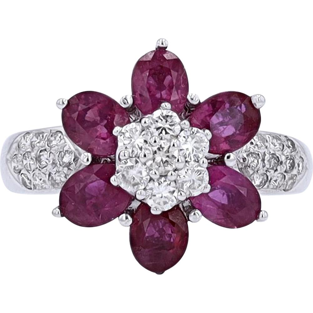 18K White Gold Ruby & Diamond Flower Ring - 1.46 Carat Total Ruby, 0.40 Carat Total Diamond