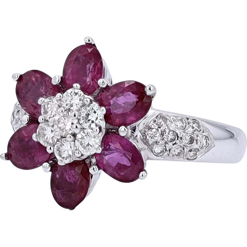 18K White Gold Ruby & Diamond Flower Ring - 1.46 Carat Total Ruby, 0.40 Carat Total Diamond