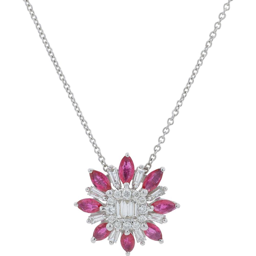 18K White Gold Ruby and Diamond Halo Pendant Necklace - 0.70 Carat Ruby, 0.35 Carat Total Diamond Weight