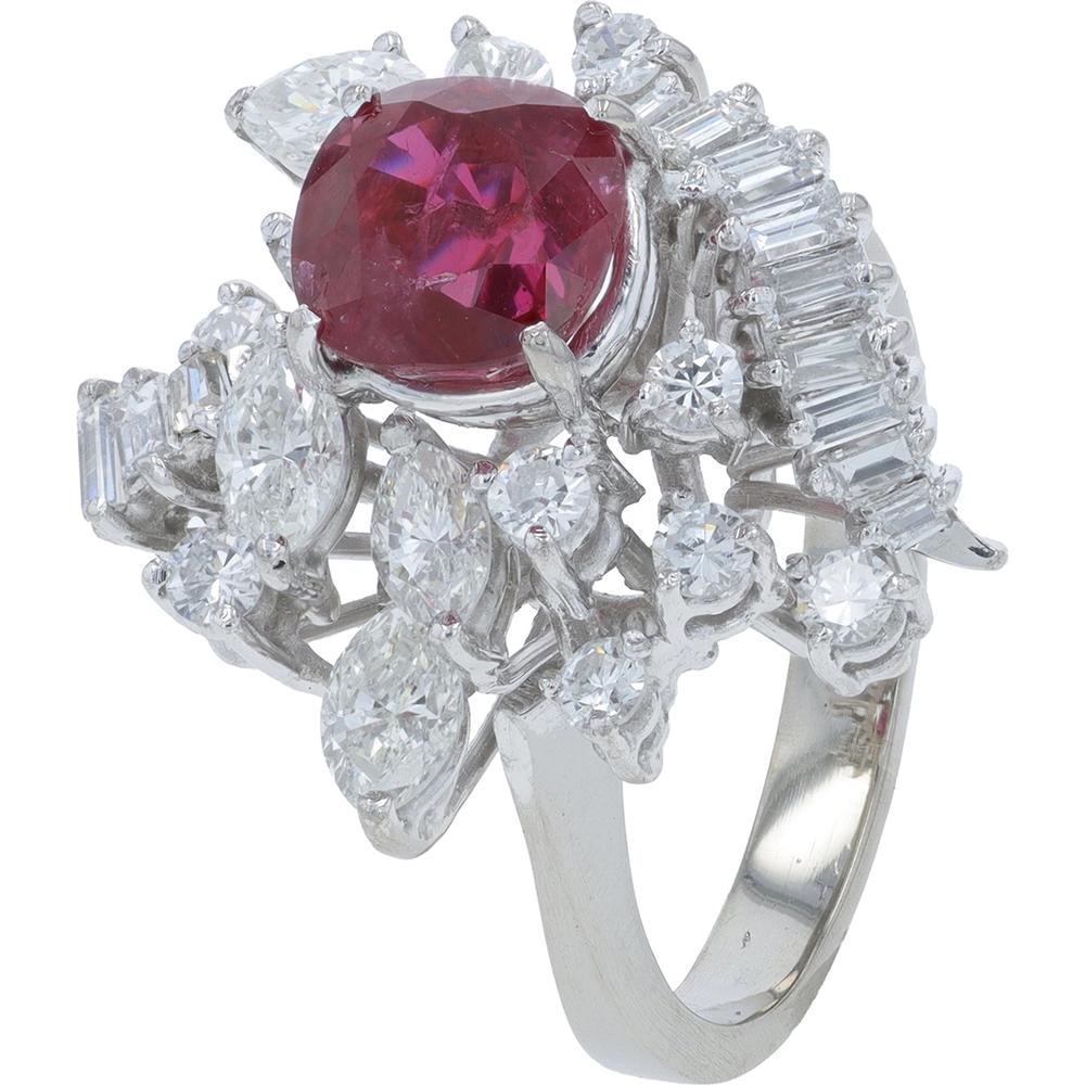 18K White Gold Ruby Ring with Diamond Halo - 1.60 Carat Ruby, 1.71 Carat Total Diamond Weight