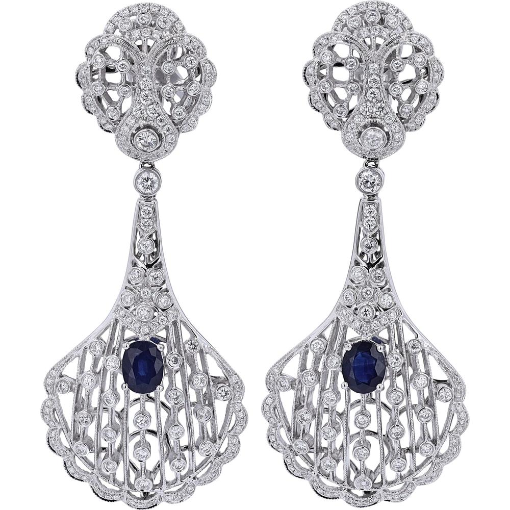 18K White Gold Sapphire & Diamond Drop Earrings - 2.00 Carats Sapphire, 2.73 Carats Total Diamond Weight