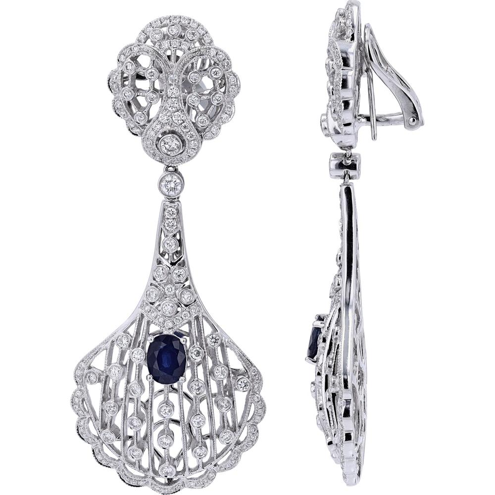 18K White Gold Sapphire & Diamond Drop Earrings - 2.00 Carats Sapphire, 2.73 Carats Total Diamond Weight
