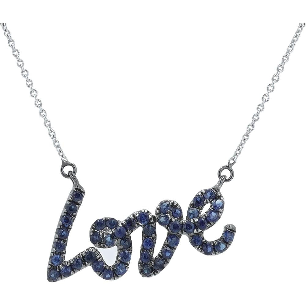18K White Gold Sapphire "LOVE" Necklace with Black Rhodium Accent - 0.50 Carats Total Sapphire Weight