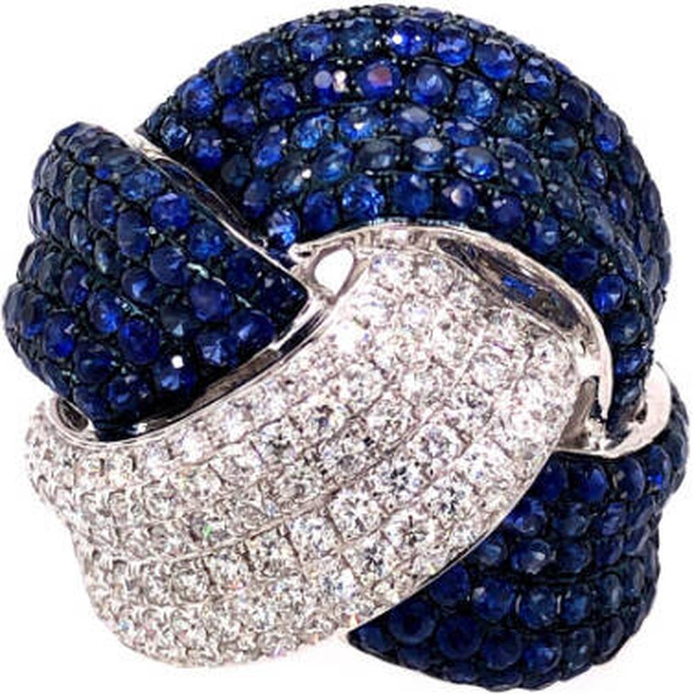 18K White Gold Sculptural Knot Ring with Pavé Blue Sapphires and Diamonds by Afarin