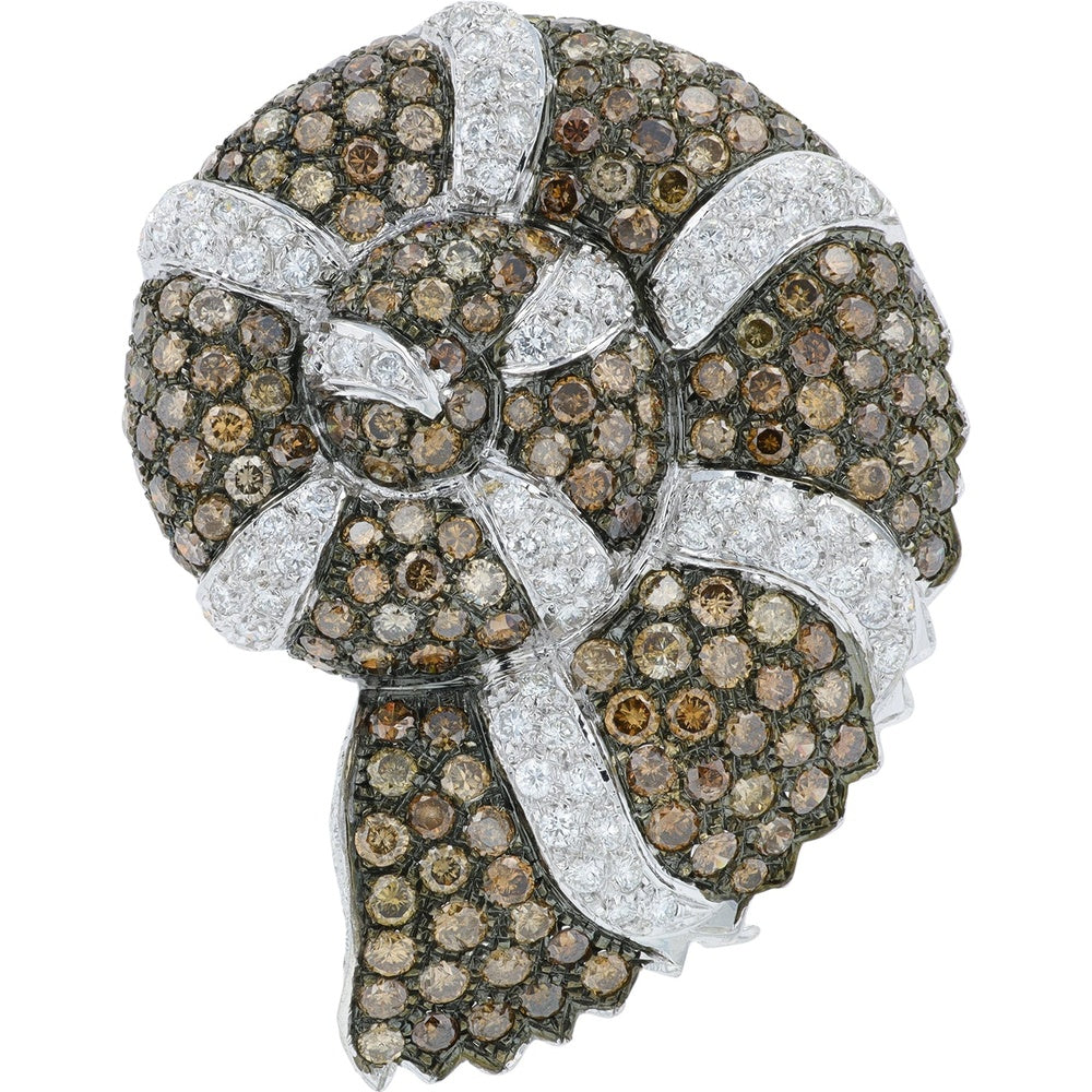 18K White Gold Seashell Brooch with Pavé Set White and Brown Diamonds - 10.00 Carat Total Diamond Weight