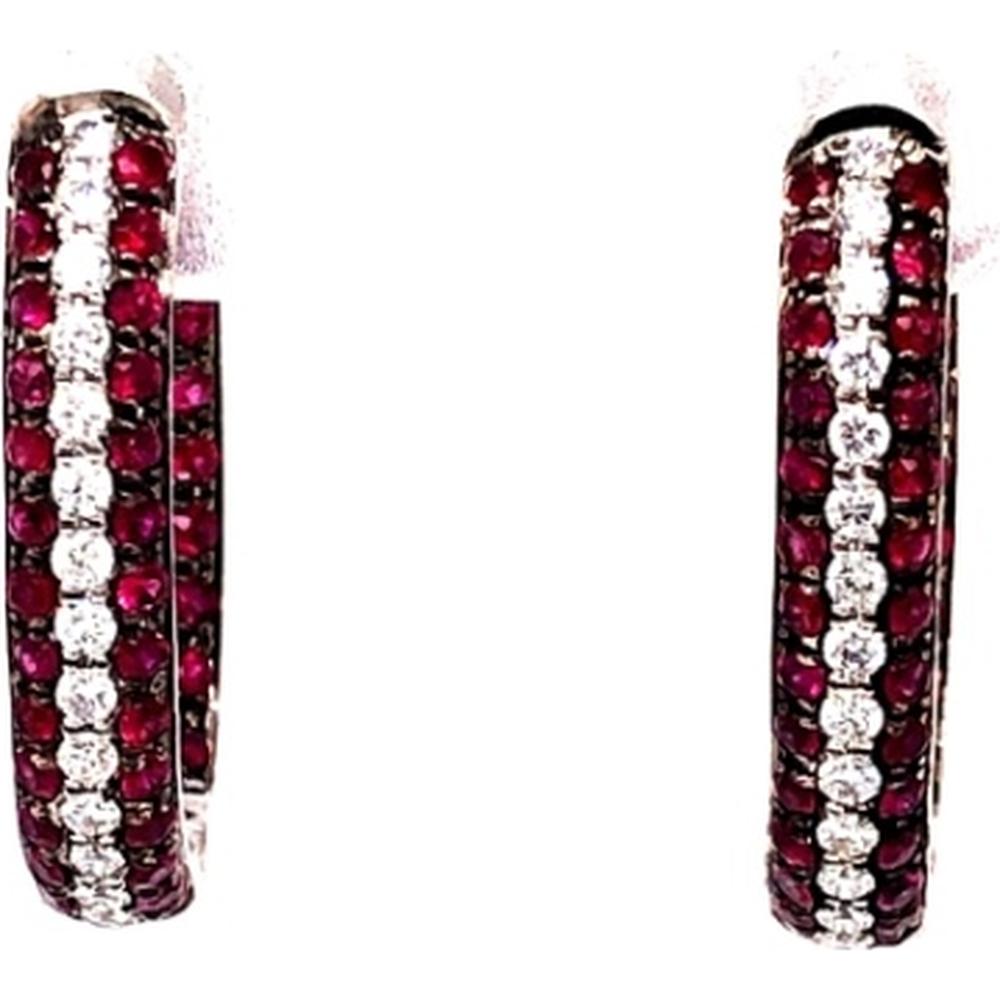 18K White Gold Small Hoop Earrings with Round Rubies and Round Diamonds by Afarin