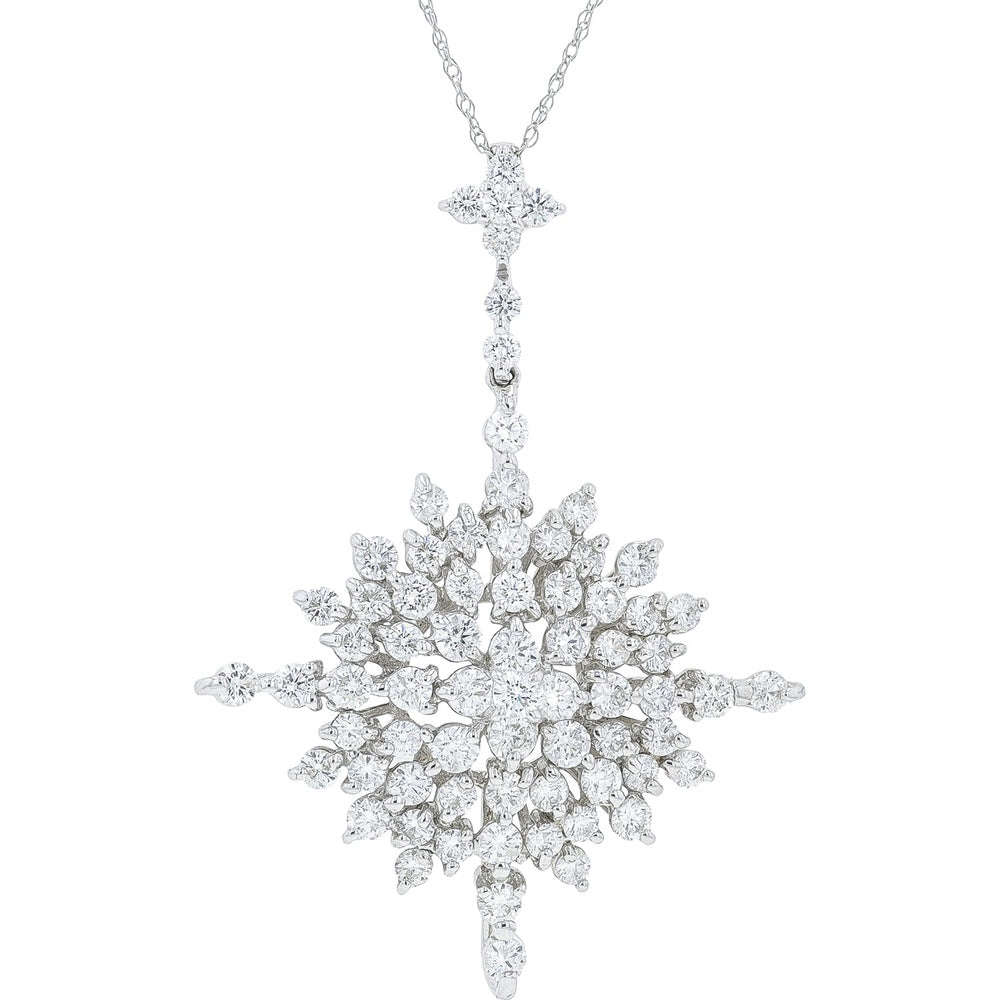 18K White Gold Snowflake Pendant Necklace with Prong-Set Round Diamonds - 3.00 Carat Total Diamond Weight