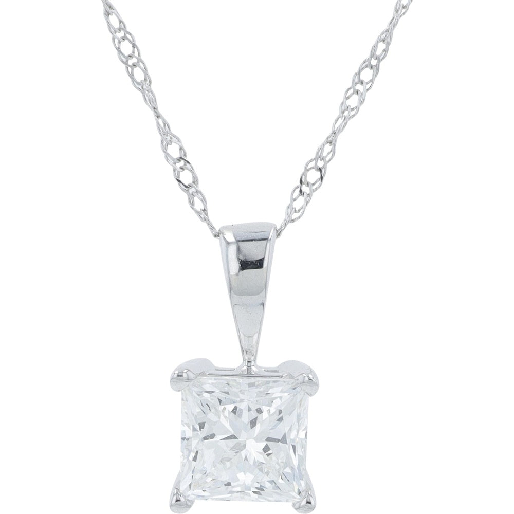 18K White Gold Solitaire Pendant with 4-Prong Set Princess Cut Diamond - 0.50 Carat Total Diamond Weight