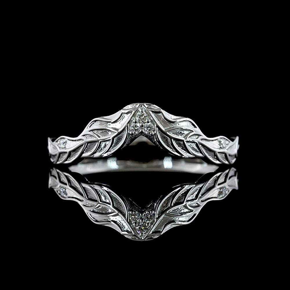 18K White Gold Special Contour Eternity Band with Leaf Motif and 5 Round Lab Diamonds - 0.03 Total Carat Weight, E-F Color, VS1 Clarity - Covaloro Fine Jewelry