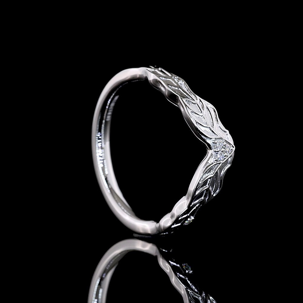 18K White Gold Special Contour Eternity Band with Leaf Motif and 5 Round Lab Diamonds - 0.03 Total Carat Weight, E-F Color, VS1 Clarity - Covaloro Fine Jewelry