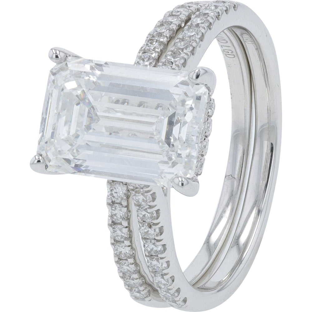 18K White Gold Split Shank Bridal Set with 4.00 Carat Emerald Cut Lab Grown Diamond and Pavé Band - 4.50 Carat Total Diamond Weight