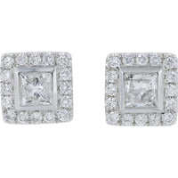 18K White Gold Square Halo Stud Earrings with Princess Cut and Round Diamonds - 1.40 Carat Total Diamond Weight