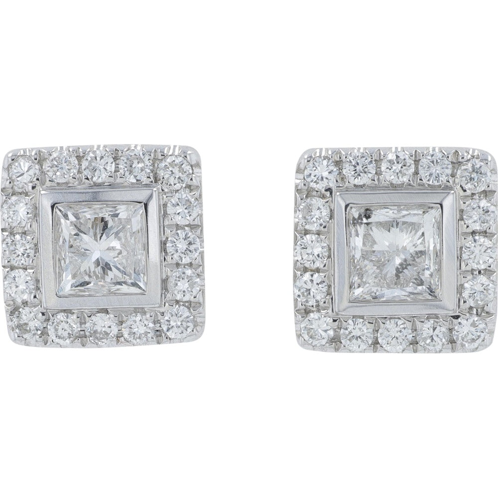 18K White Gold Square Halo Stud Earrings with Princess Cut and Round Diamonds - 1.40 Carat Total Diamond Weight