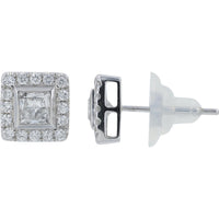 18K White Gold Square Halo Stud Earrings with Princess Cut and Round Diamonds - 1.40 Carat Total Diamond Weight