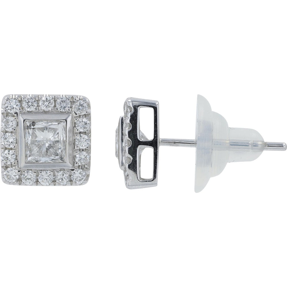 18K White Gold Square Halo Stud Earrings with Princess Cut and Round Diamonds - 1.40 Carat Total Diamond Weight