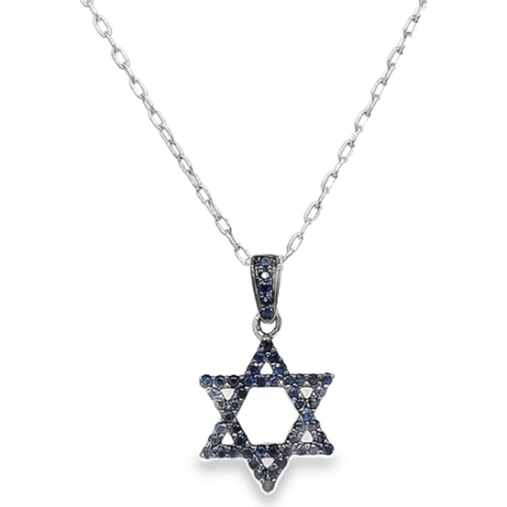 18K White Gold Star of David Pendant Necklace with Blue Sapphires by Afarin