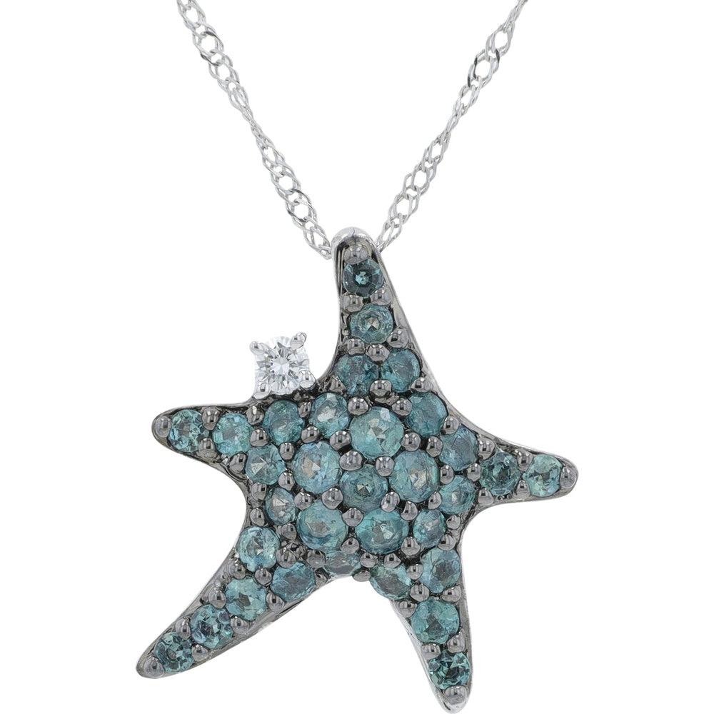 18K White Gold Starfish Pendant with Pavé-Set Round Alexandrite and Single Diamond Accent - 0.70 Carat Alexandrite Total Weight and 0.03 Carat Diamond