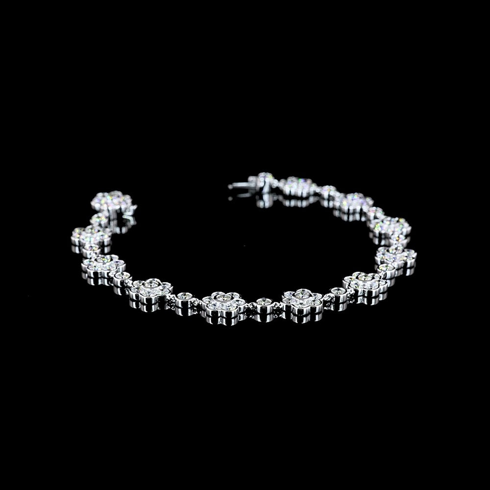 18K White Gold Station Bracelet with Bezel Set Round Lab Diamonds in Floral Motif Design - 7.65 Carats Total Diamond Weight - Covaloro Fine Jewelry