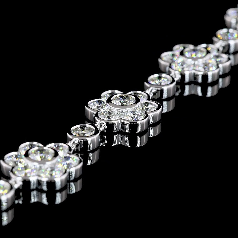 18K White Gold Station Bracelet with Bezel Set Round Lab Diamonds in Floral Motif Design - 7.65 Carats Total Diamond Weight - Covaloro Fine Jewelry