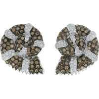 18K White Gold Stud Earrings with Pave Set White and Brown Diamond Seashell Motif - 6.00 Carat Total Diamond Weight