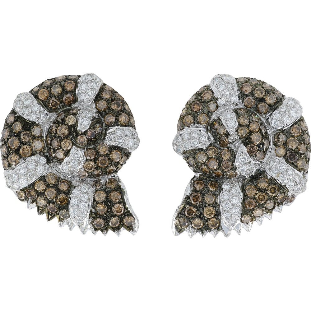 18K White Gold Stud Earrings with Pave Set White and Brown Diamond Seashell Motif - 6.00 Carat Total Diamond Weight